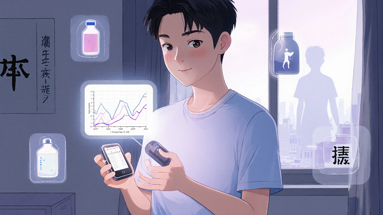 A person using a CGM and insulin pump, with high-tech medical icons floating around them.