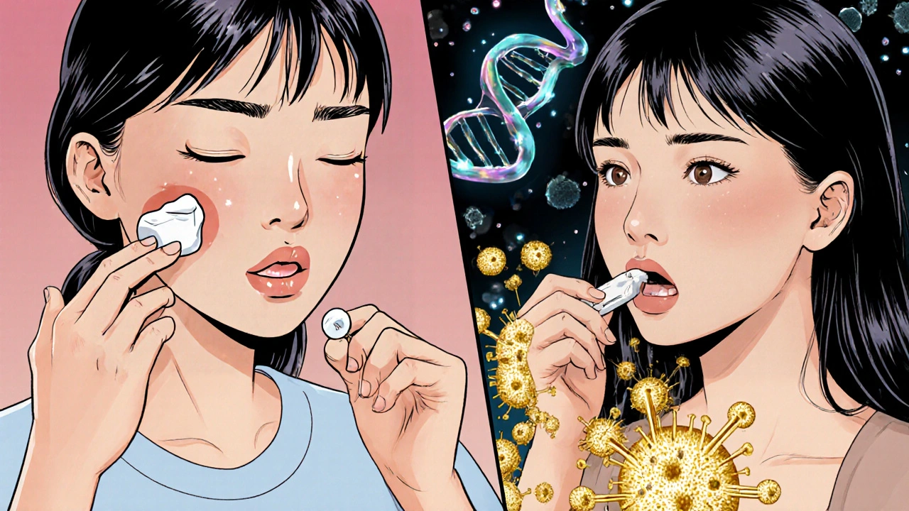 A woman choosing oral acyclovir over topical cream, with particles flooding her bloodstream to fight herpes in nerve cells.