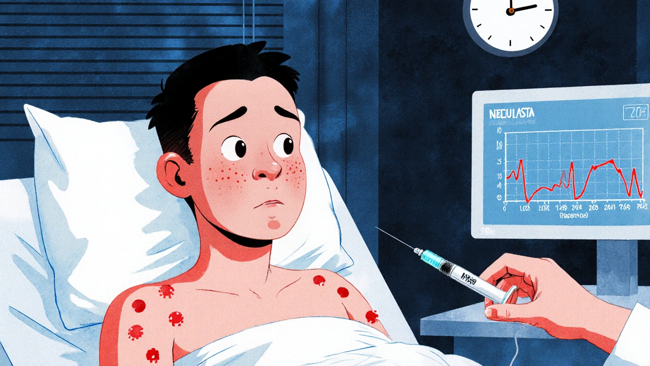 Cancer patient at night with skin dots and blood count monitor showing low levels.