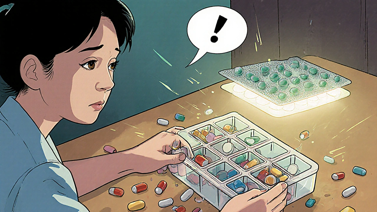 Caregiver struggling with messy pill organizer while a neat blister pack glows nearby.