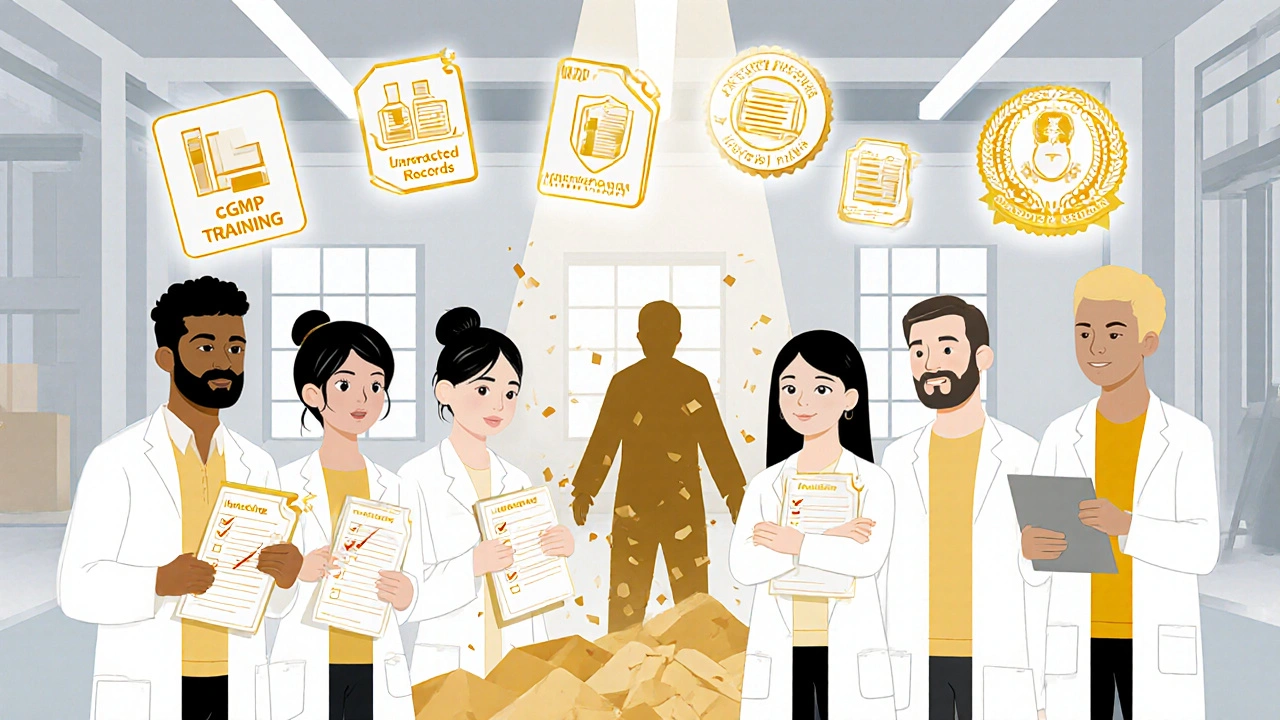 Compliant manufacturers stand in a clean facility with glowing compliance icons, while non-compliance crumbles away.