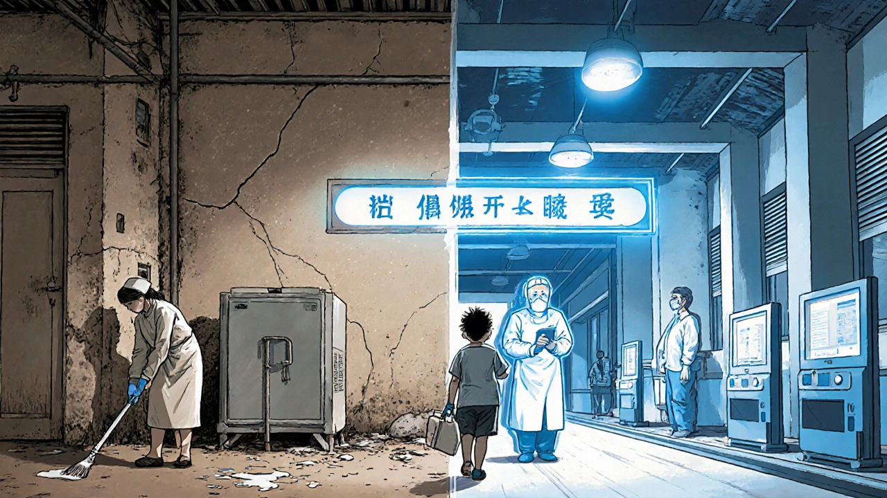 Contrast between under-resourced rural clinic and advanced urban oncology center with safety toolkit.