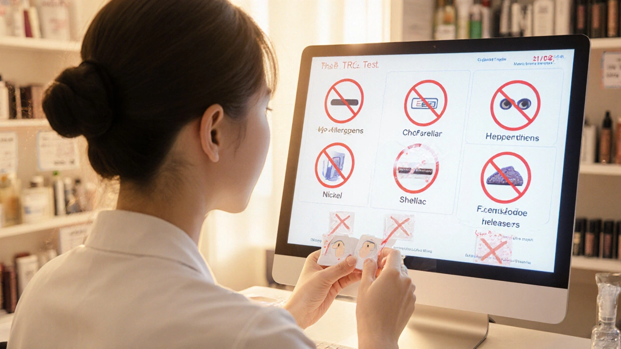 Dermatologist performing patch test as allergen icons disappear and eyelids heal.