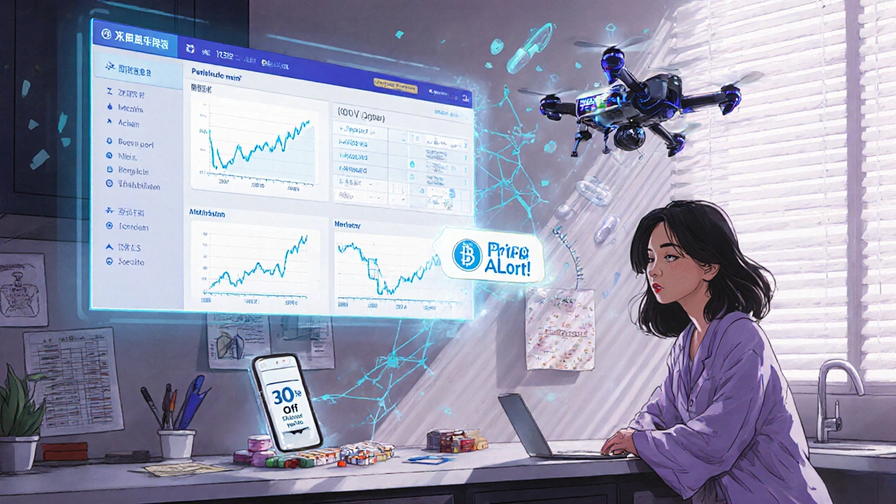 Digital dashboard showing AI price alerts and blockchain verification for medications, a woman smiles as a drone delivers a 90-day supply, with spreadsheet and carbon footprint icons in background.