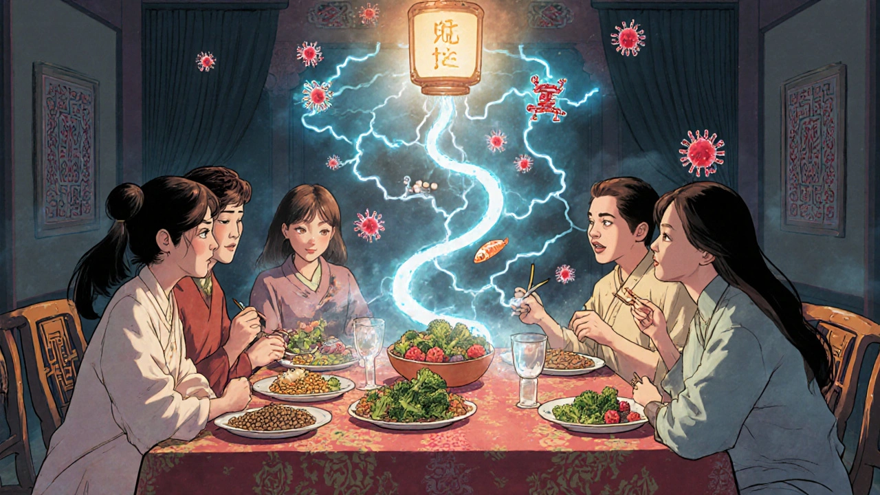 Diverse family sharing a meal as glowing molecules calm immune cells, traditional Chinese design elements in the background.