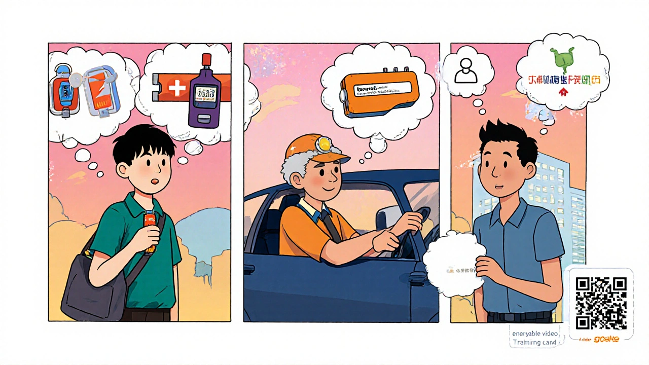 Diverse individuals carrying glucagon injectors in their bags, symbolizing emergency readiness.