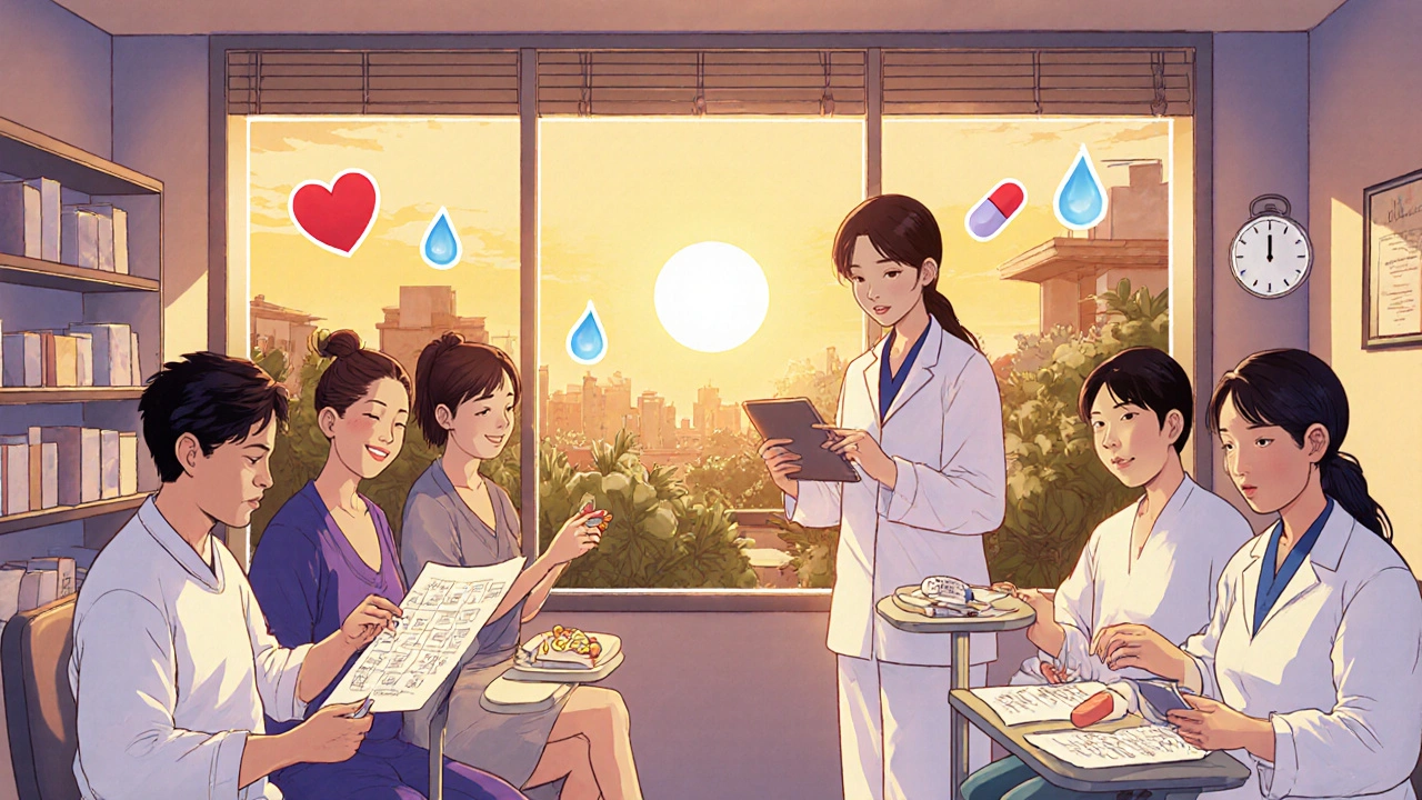 Diverse patients in a supportive heart failure clinic, with healthcare providers guiding their care at sunrise.