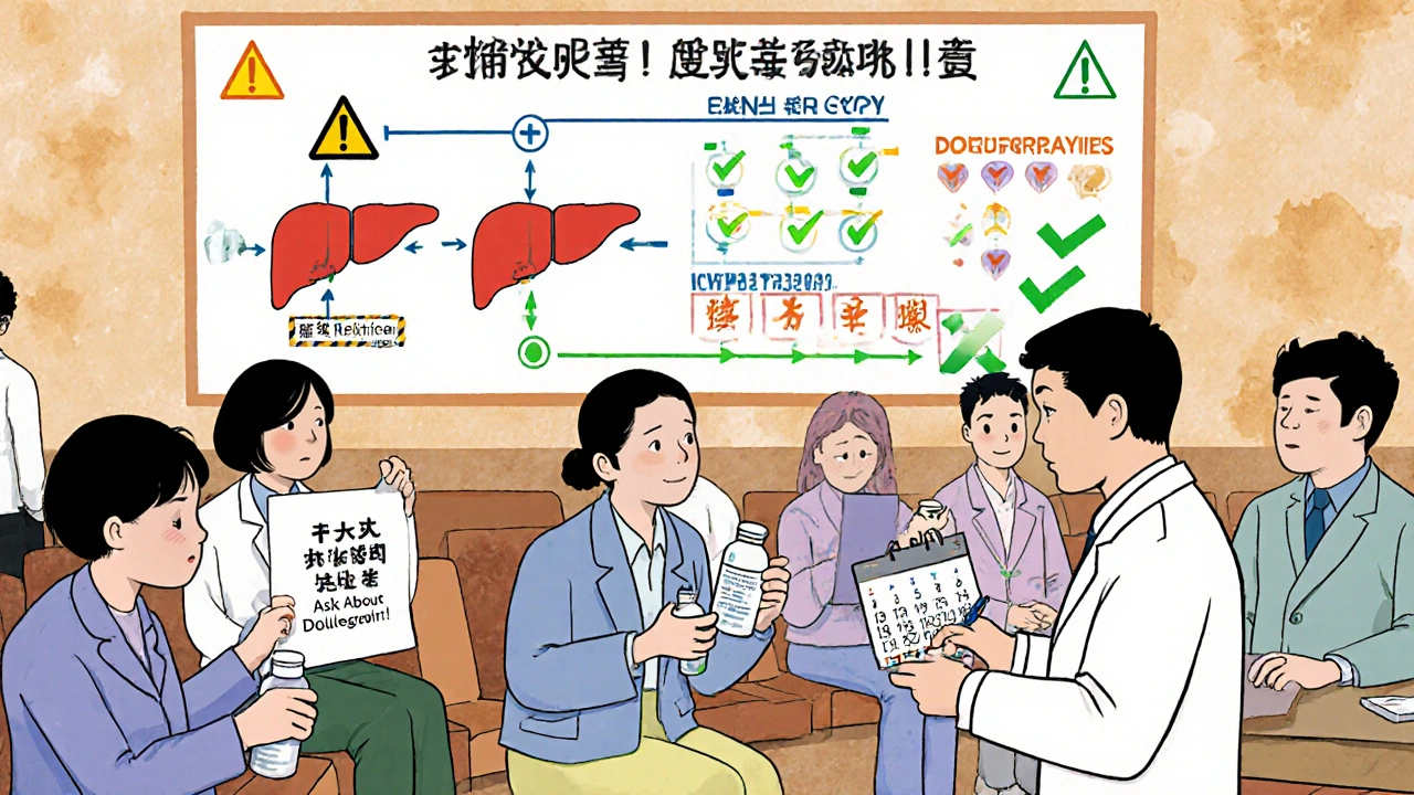 Diverse patients in clinic with enzyme flowchart showing drug interactions, pharmacist guiding with checklist.