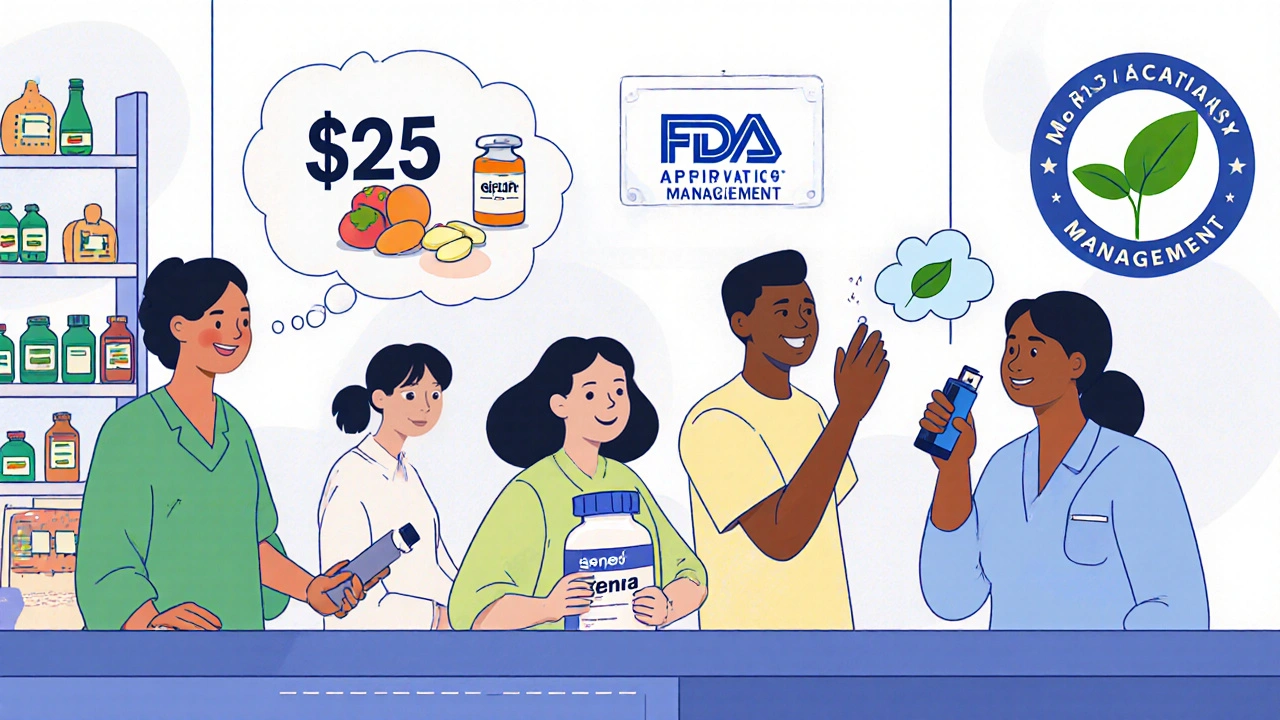 Diverse patients receive affordable generic medications at a pharmacy, with health and savings symbols around them.