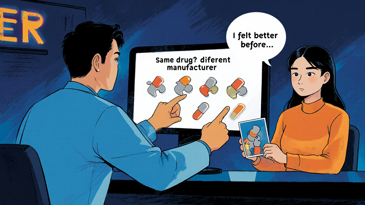 Doctor and patient discuss medication changes, patient holds photo of old pill.