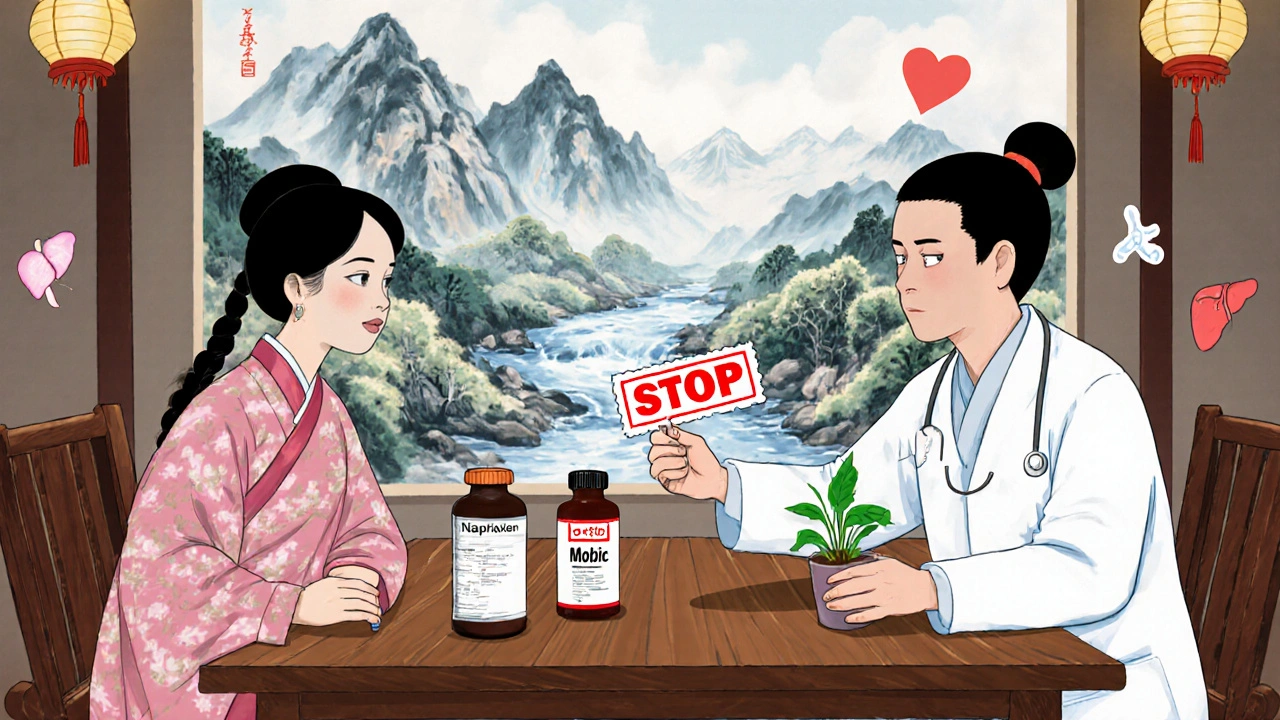 Doctor replacing Mobic with naproxen and a plant, symbolizing safer long-term pain management.