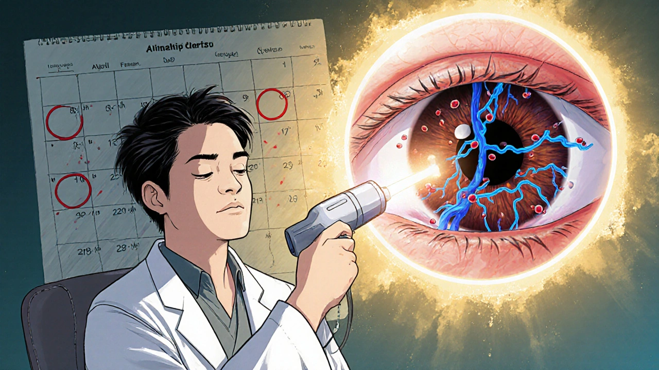 Doctor using laser to treat retina, with healthy and damaged blood vessels shown in contrast.