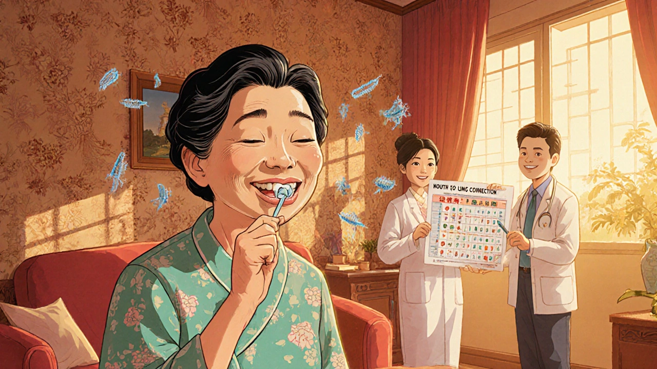 Elderly woman brushing teeth as bacteria flee, dentist and doctor watching nearby.