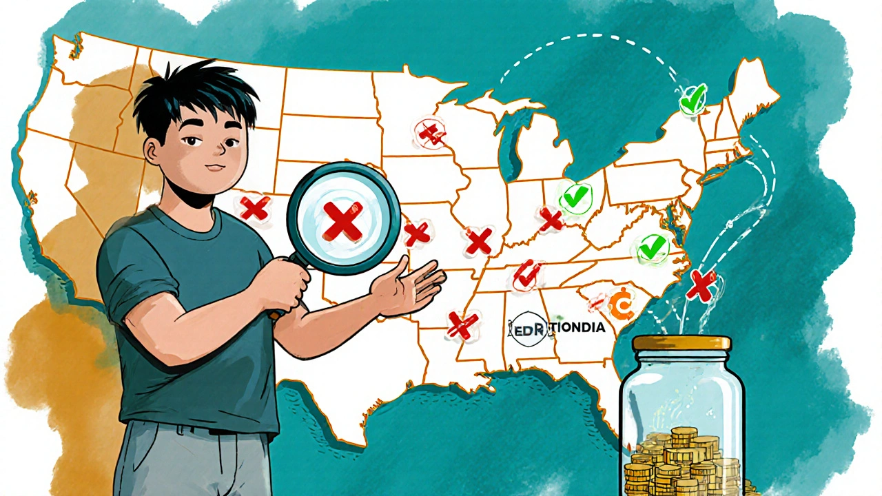 Heroic figure using a magnifying glass over a U.S. map with green-checkmarked licensed pharmacies and red Xs on fake sites, pills flowing like a river to a savings jar.