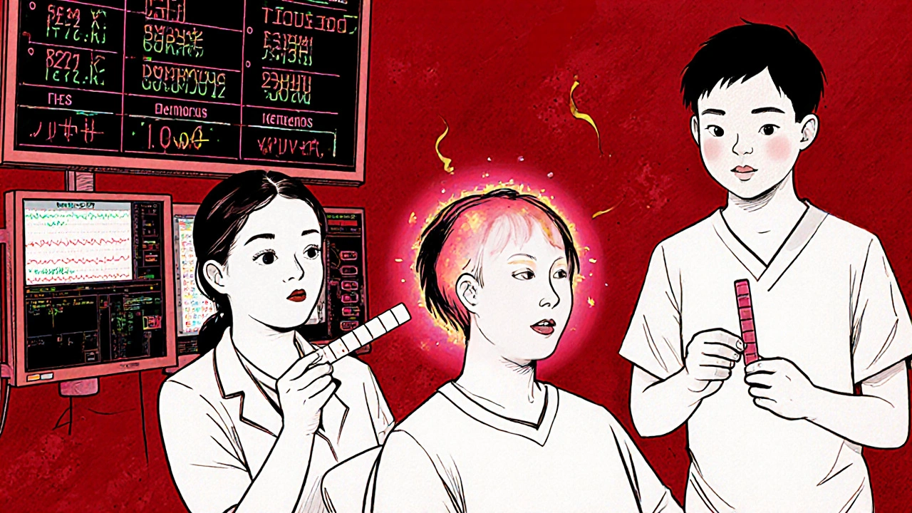 Hospital staff treating a diabetic emergency with IV fluids and monitors showing critical readings.