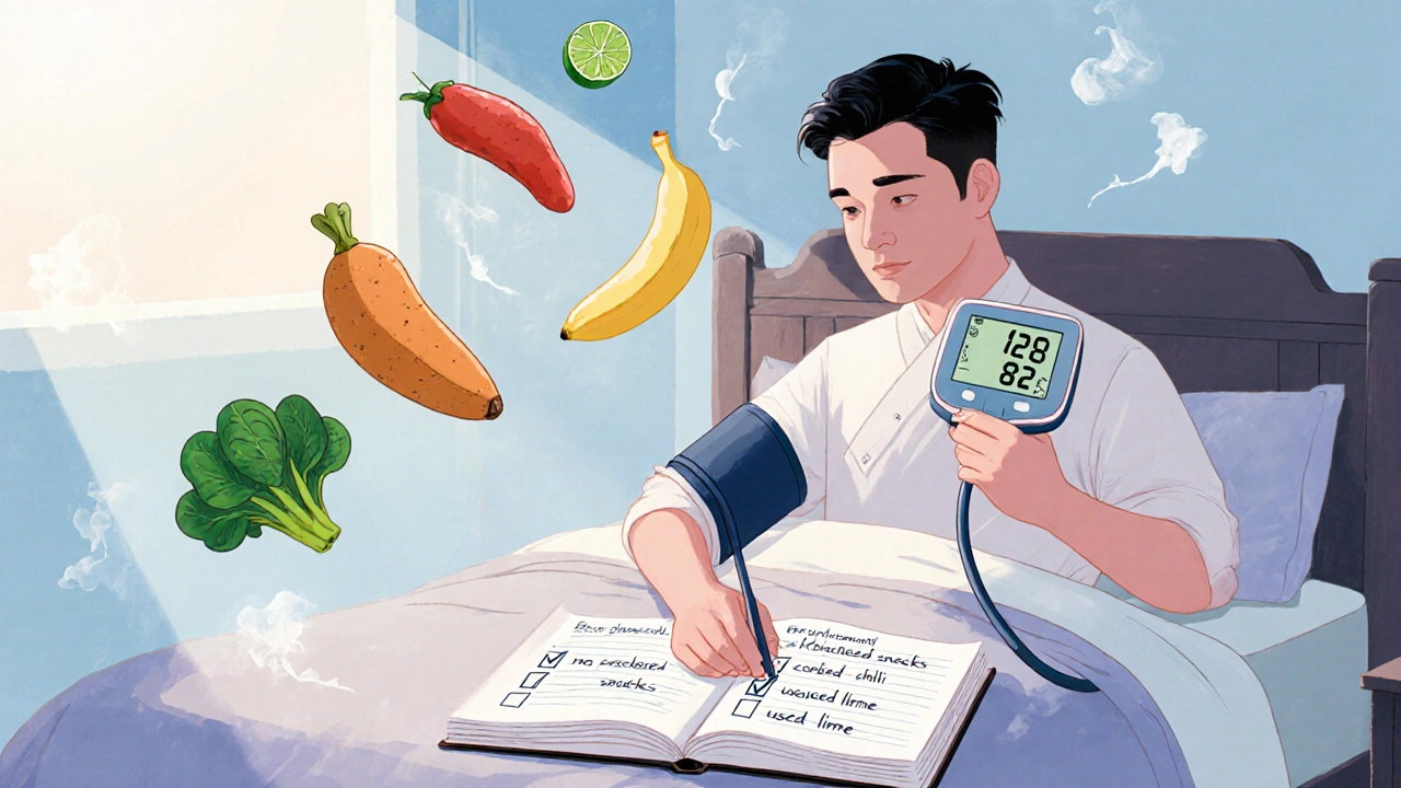 Man checks blood pressure at dawn as potassium-rich foods float peacefully around him.