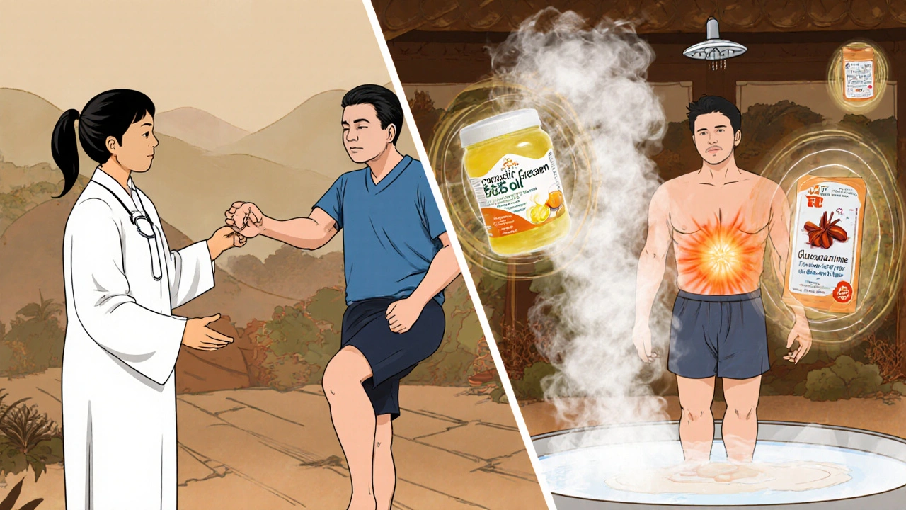 Man practicing physical therapy and heat therapy with natural supplements glowing beside him.