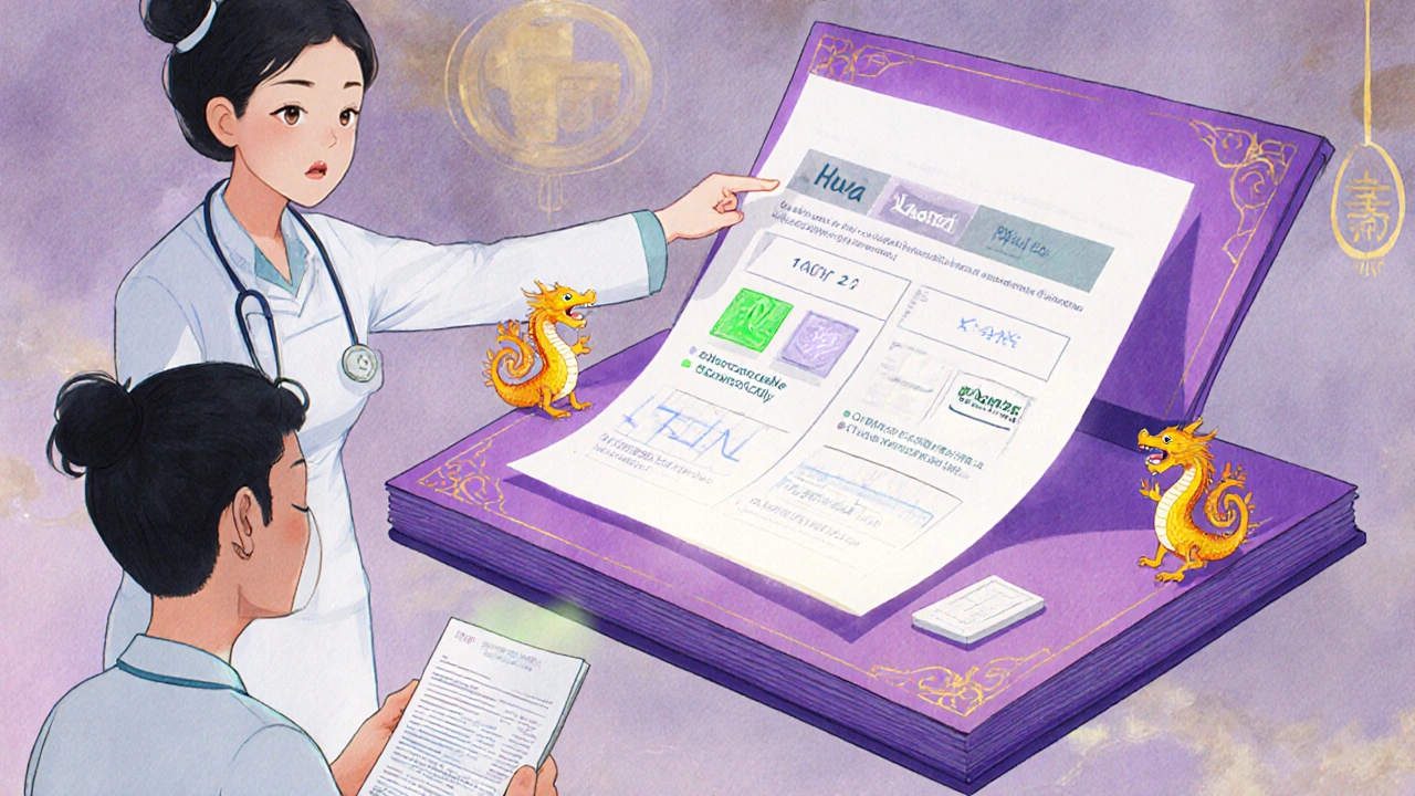 Nurse and patient viewing Purple Book with biosimilars shown as glowing or dimmed options.