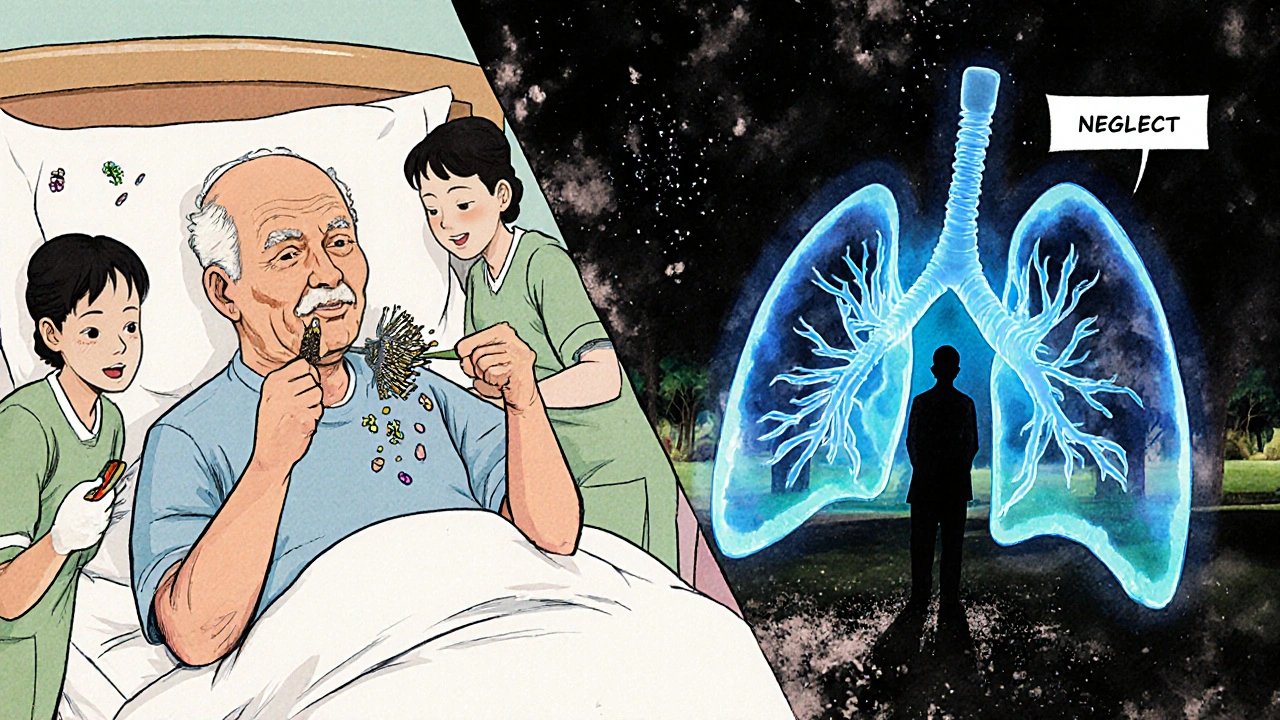 Nurses brushing an elderly patient&#039;s teeth, healthy lungs glowing beside decay fading.