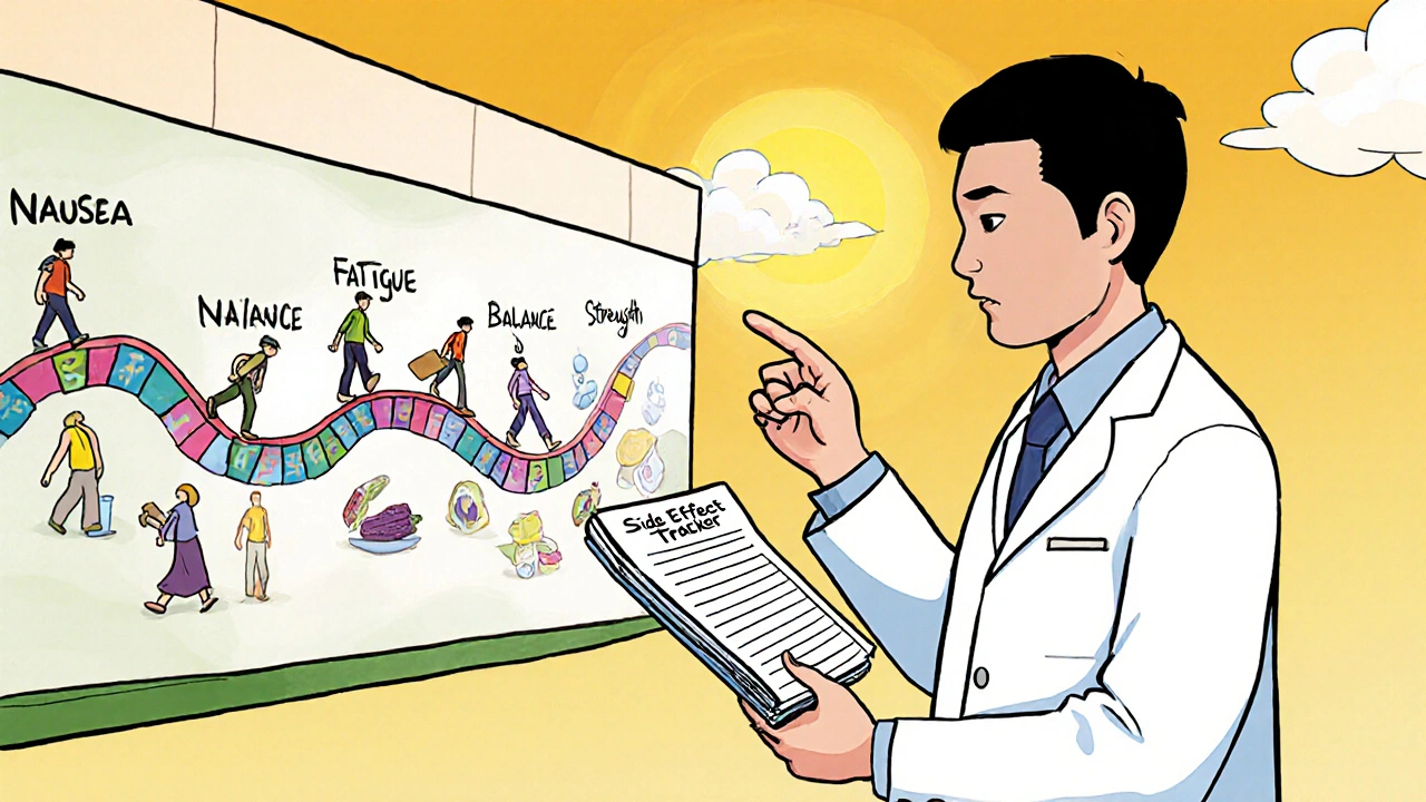 Pharmacist giving a tracker notebook beside a mural showing progress from side effects to wellness.