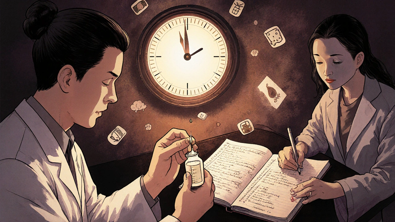Pharmacist measuring methadone as a patient tracks symptoms in a journal.