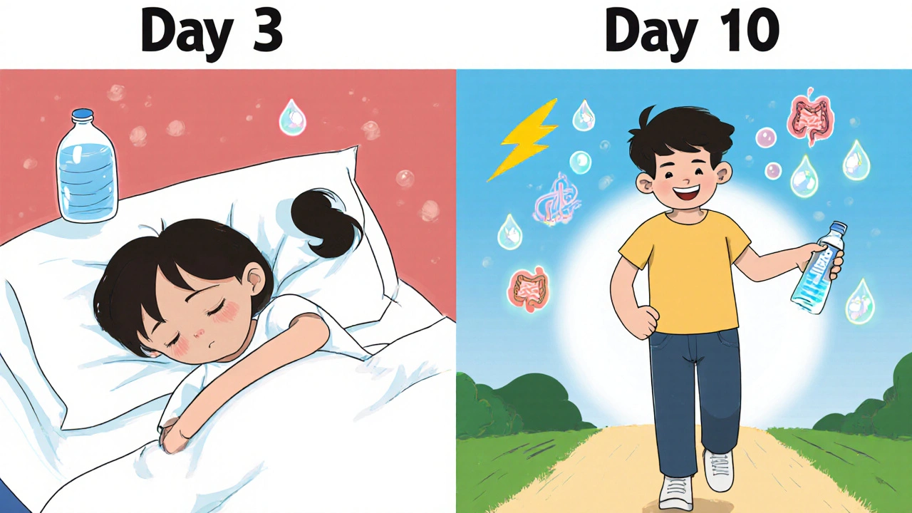 Same person transitioning from tired on day 3 to energetic on day 10 with healthy habits.