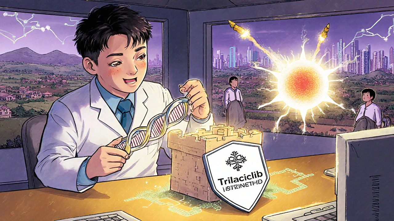 Scientist holding DNA strand as bone marrow defends against chemo, with protective shield.