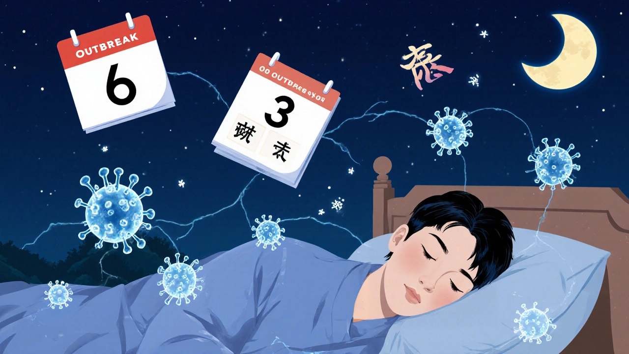 Sleeping person with acyclovir molecules suppressing herpes virus in nerves, symbolizing successful long-term suppression therapy.