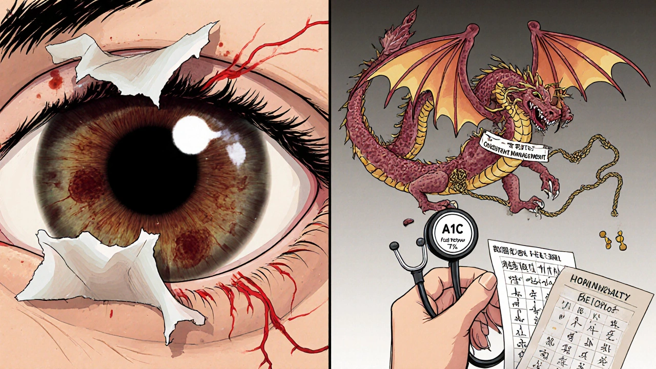 Split scene: damaged retina vs healthy retina, with A1C chart and symbolic dragon representing diabetes control.