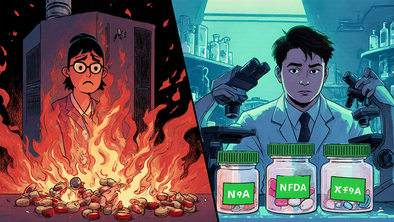 Split scene: expired drugs being burned vs. same drugs tested in lab with green extension stickers.