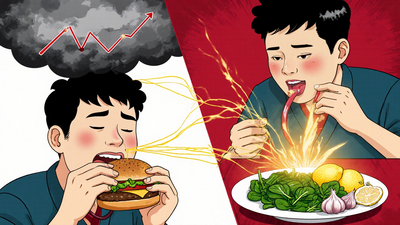 Split scene: fast food with rising blood pressure vs. healthy meal with glowing vegetables.