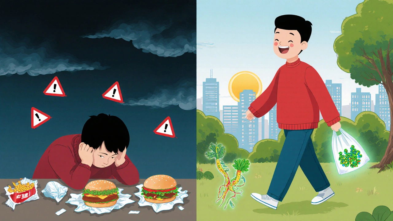 Split scene: left shows unhealthy fast food with dark clouds, right shows a person walking happily with vegetables and glowing gut bacteria.