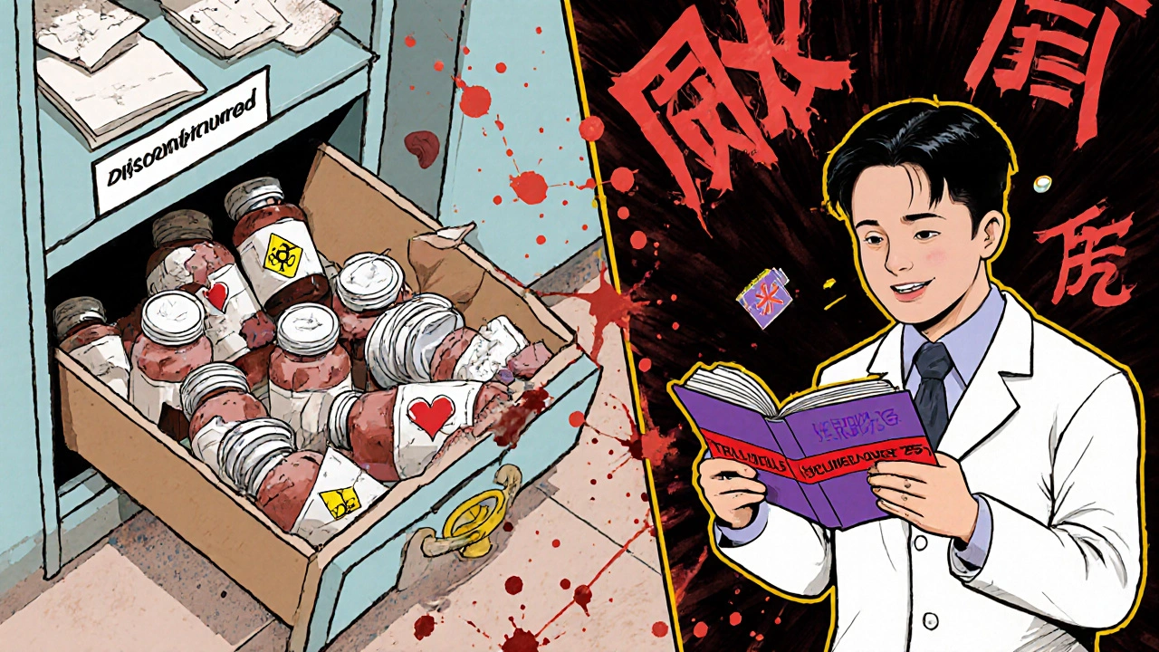 Split scene: pharmacist discovering discontinued drugs and doctor reviewing biosimilar trial limits.