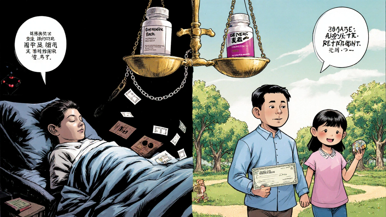 Split scene showing hospital suffering versus healthy life with generics, symbolizing life-changing savings.