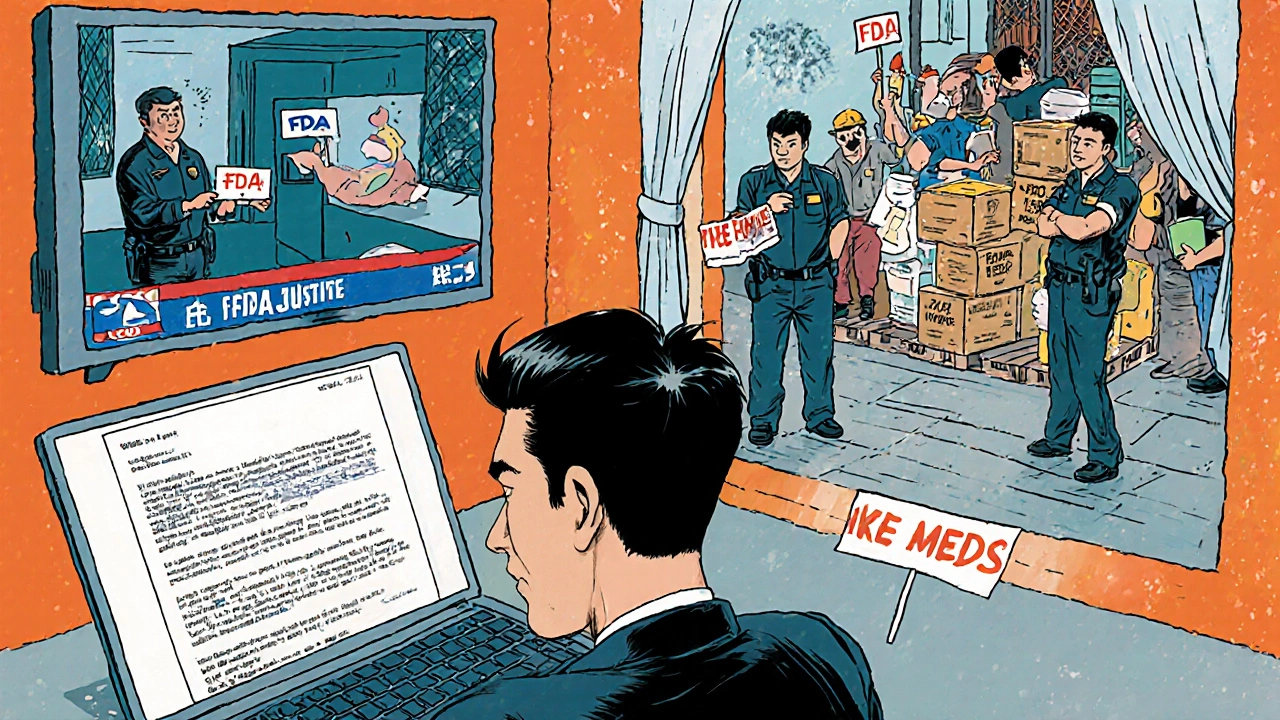 Telehealth CEO watches as FDA agents seize counterfeit weight-loss drugs, with news headlines showing public backlash.