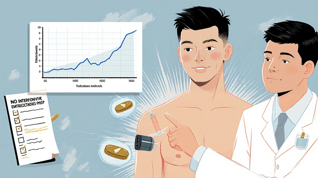 Transgender man receiving testosterone injection, PrEP pills floating safely beside him with stable levels graph.