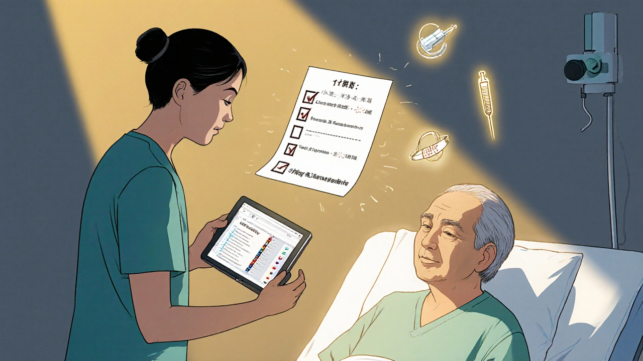 Two clinicians verifying patient identity at bedside with floating digital checklist.