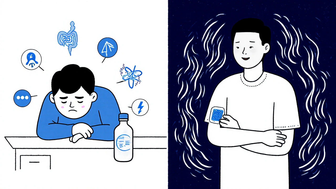 Two patients: one suffering from morphine side effects, another thriving with fentanyl patch.