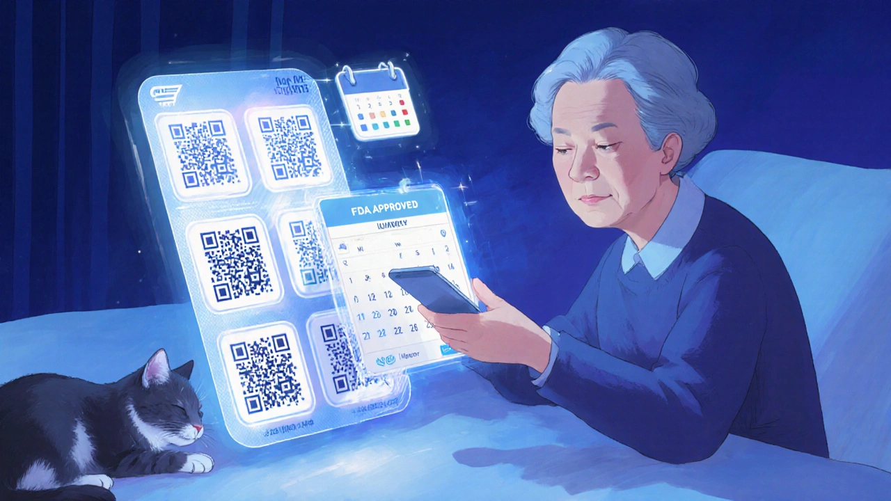 Woman scanning a smart blister pack with QR code, hologram showing dose history in home setting.