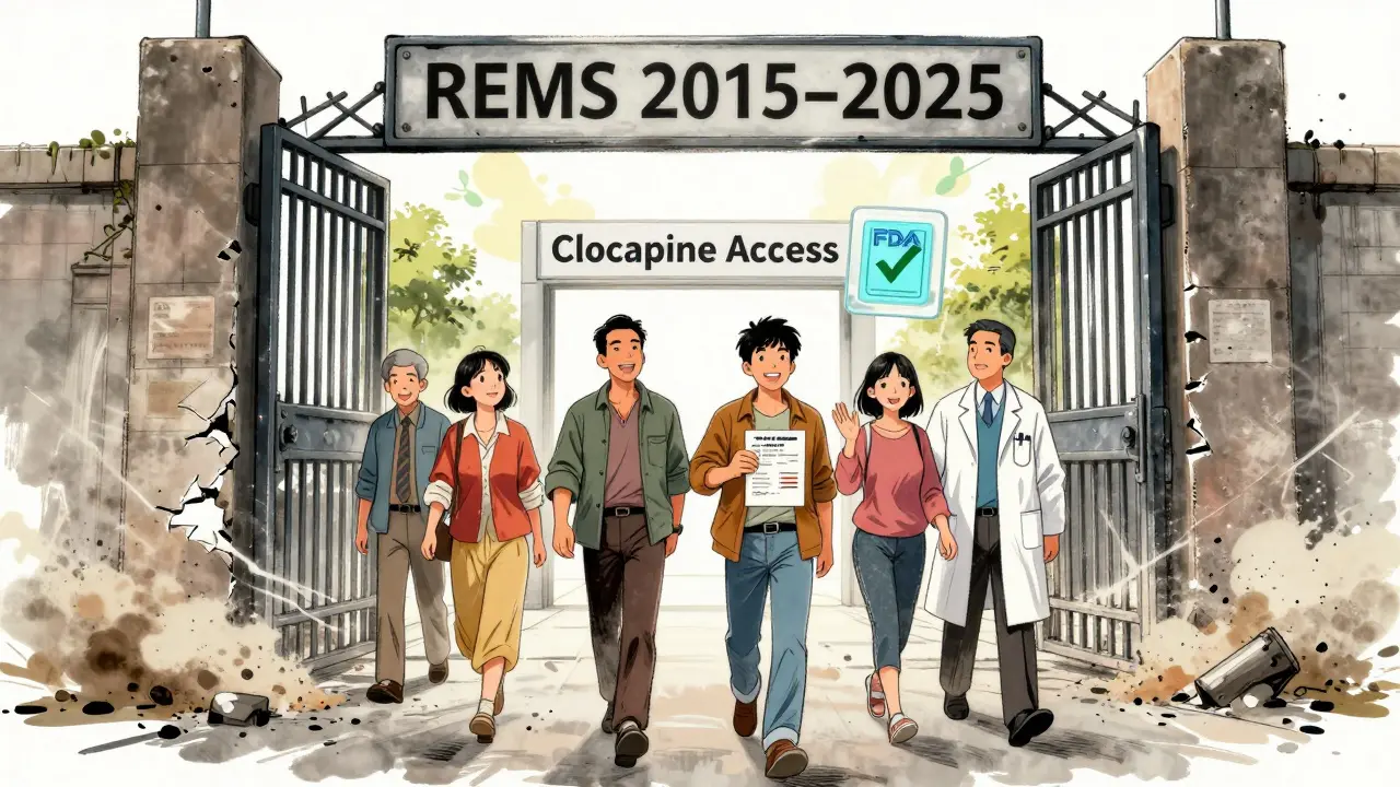 A crumbling REMS gate falls away as patients walk freely toward access to clozapine treatment.