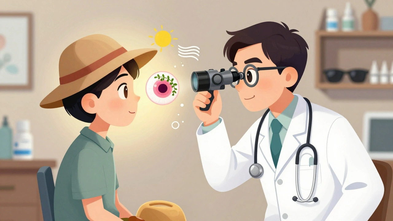 A doctor examining an enlarged eye with a pterygium crawling toward the cornea using a magnifying lamp.