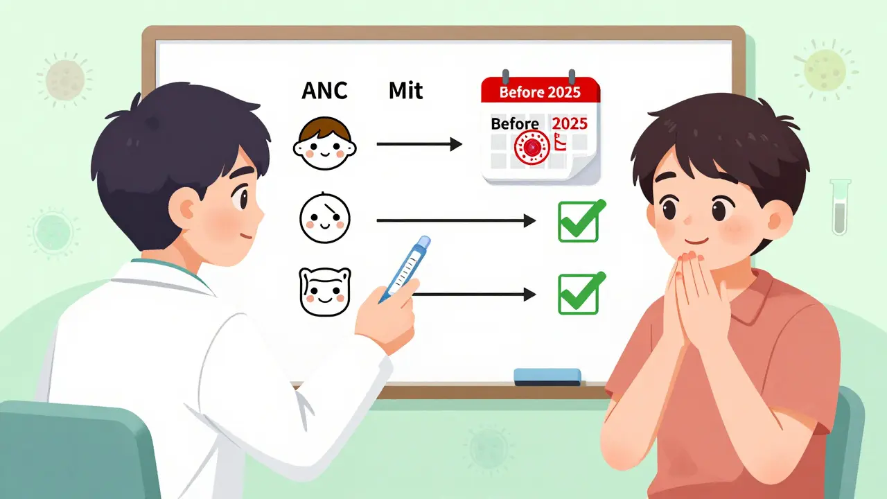 A doctor explains ANC monitoring schedule to a patient using a simple illustrated chart on a whiteboard.
