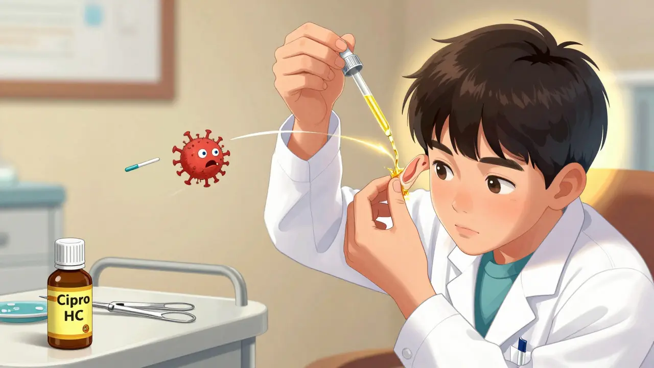 A doctor showing proper ear drop technique to a teenager, with antibiotic liquid glowing as it flows into the ear.