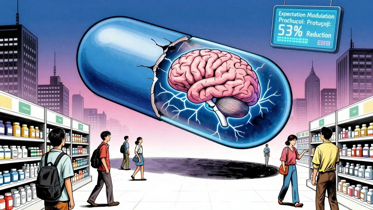 A giant pill with a glowing brain inside, floating over a city where people react differently to generic medications.