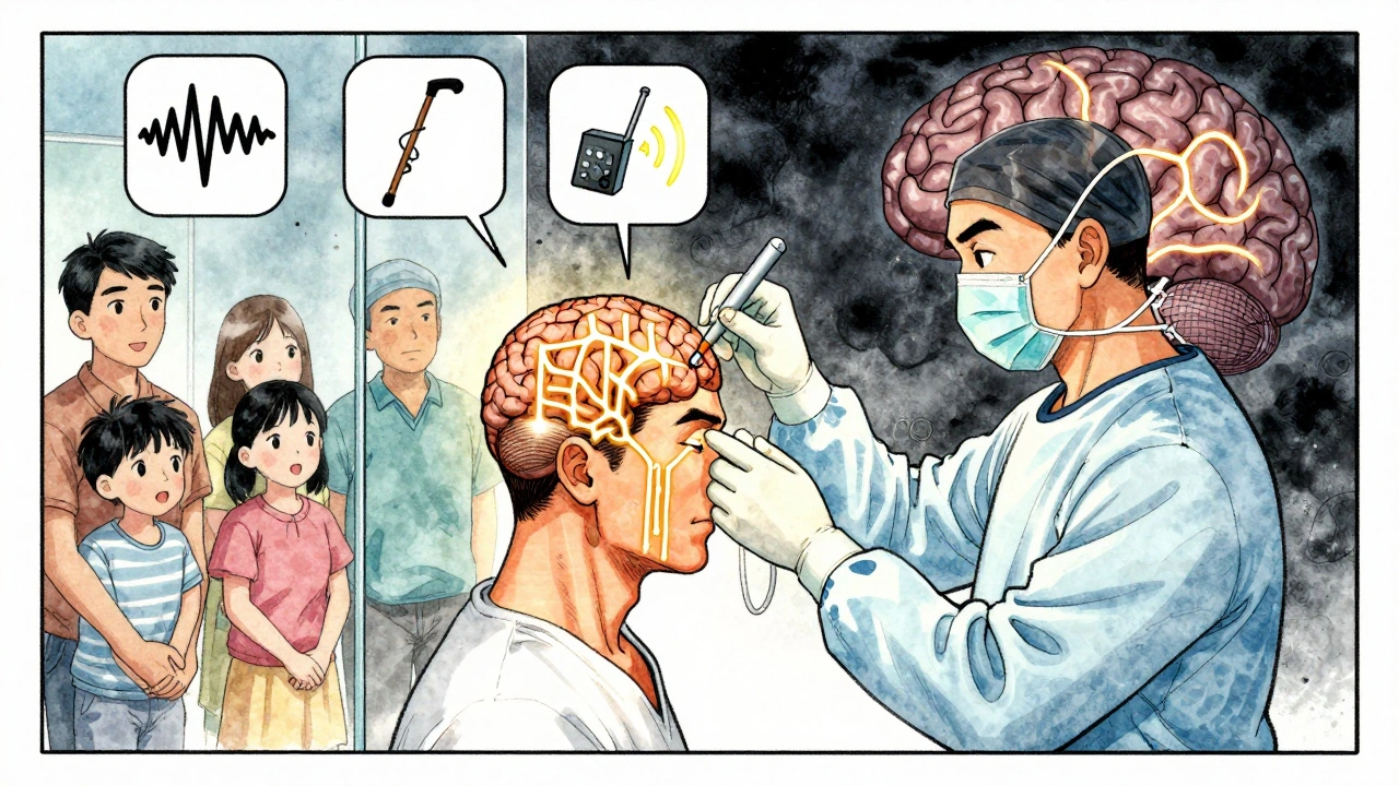 A patient undergoes brain stimulation therapy, with glowing neural pathways restoring movement as family watches in hope.
