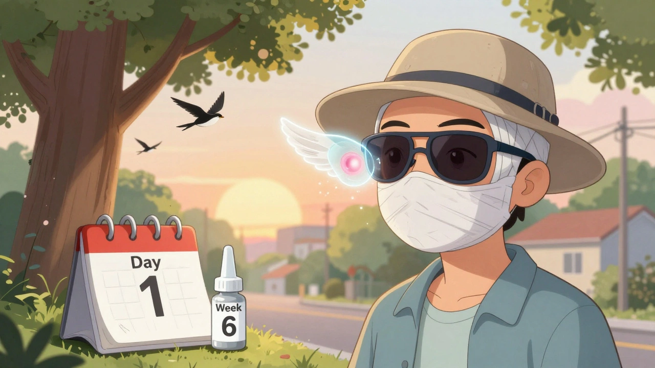 A patient wearing protective sunglasses and hat, with a fading eye growth dissolving into light.