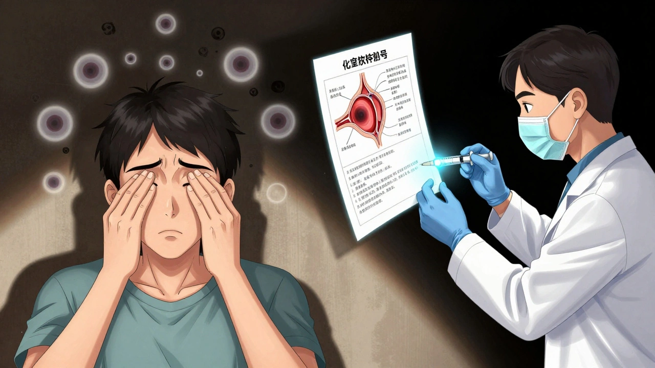 A patient with floaters beside a doctor giving a steroid injection, with anatomical diagrams floating nearby.