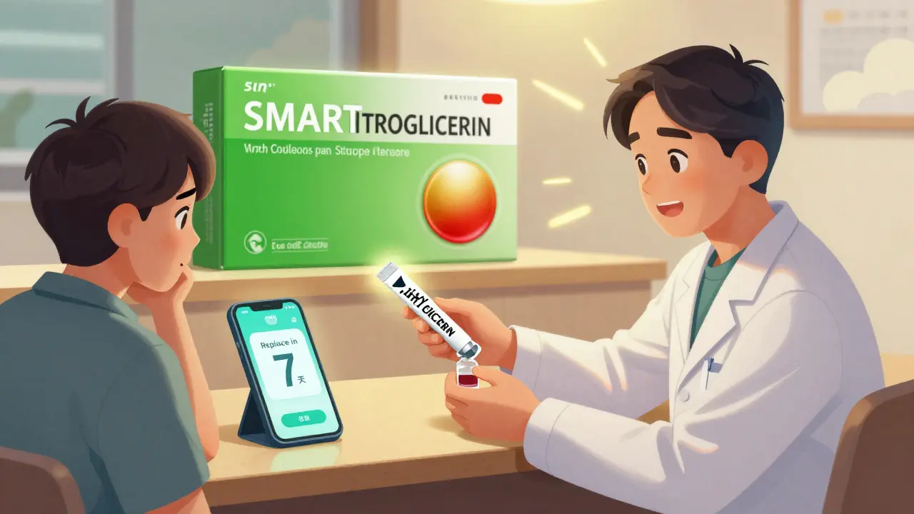 A pharmacist gives affordable alternatives to a patient, with a smart nitroglycerin tablet changing color and a phone reminder visible.