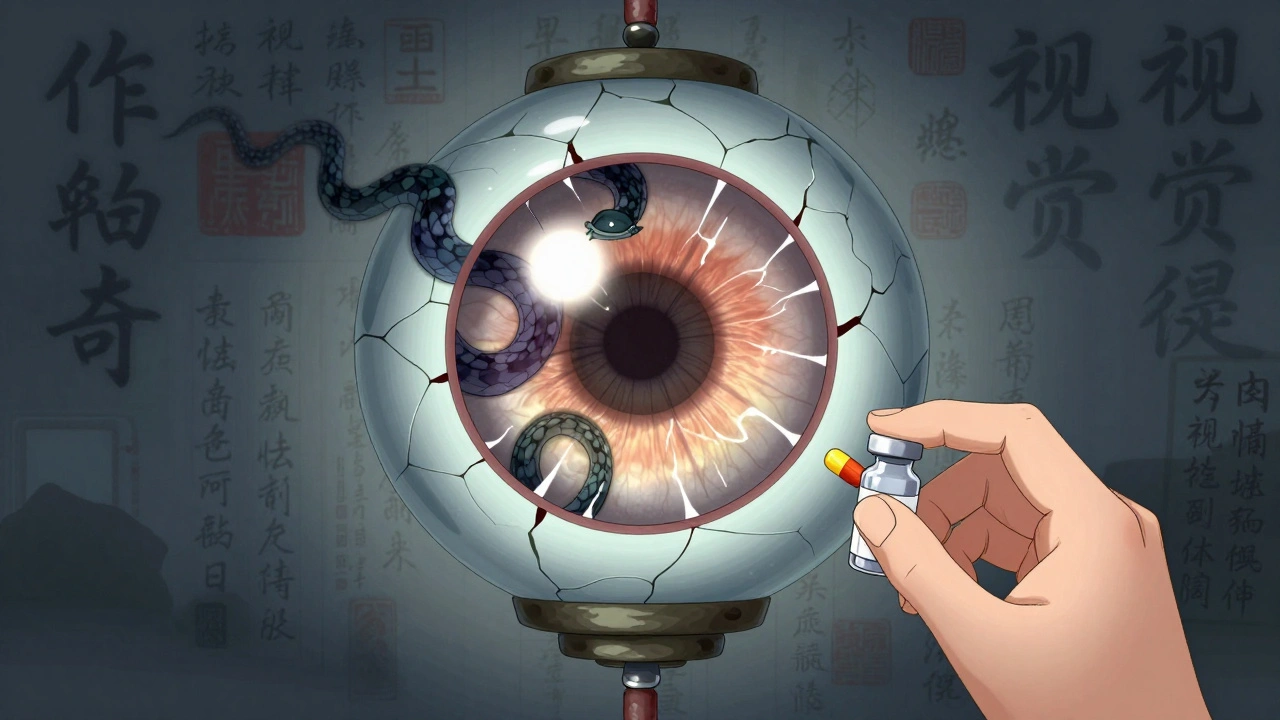 A retina as a cracked lantern with shadowy eye complications, protected by medical treatments in manhua art style.