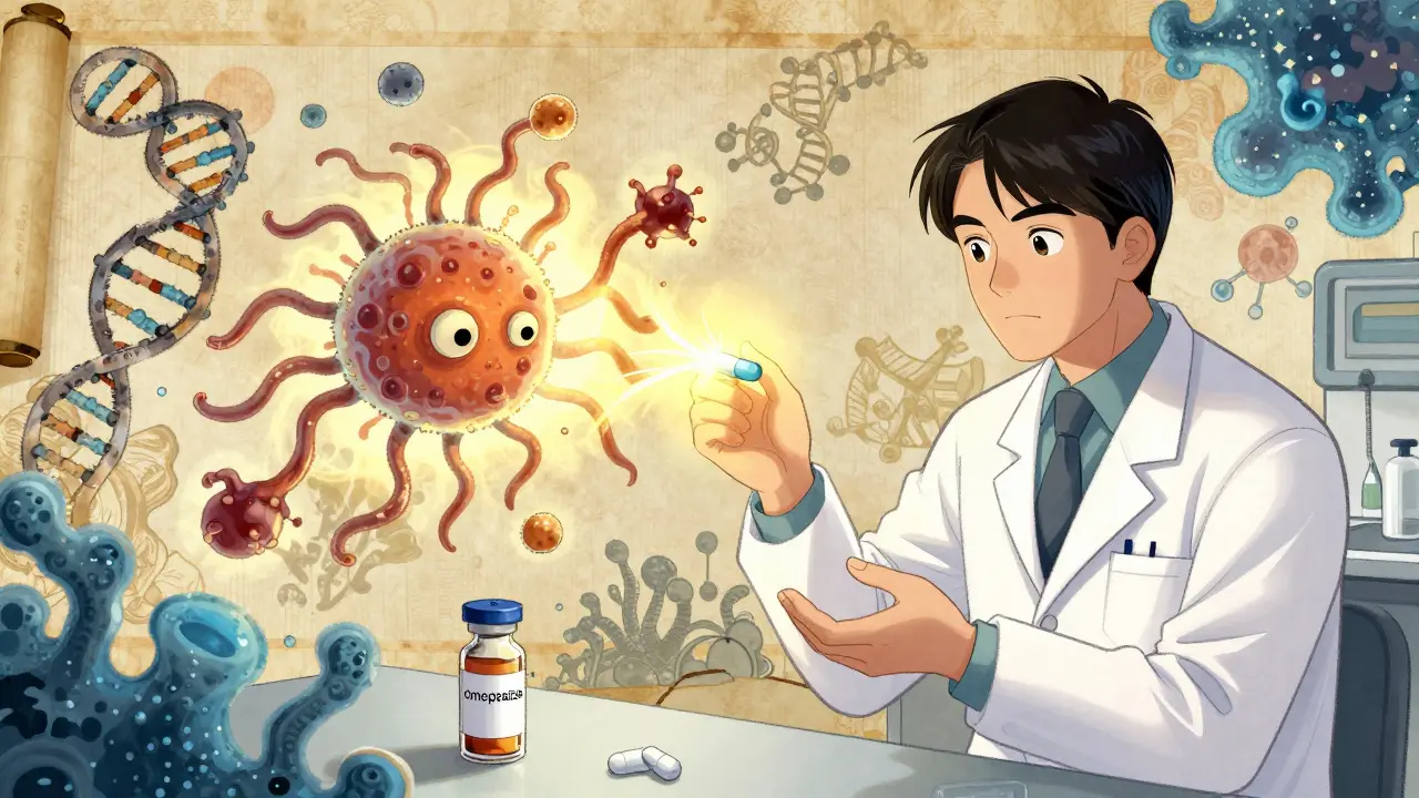 A scientist observes fluconazole and omeprazole interacting with a fungus whose drug-pumping arms are blocked by a glowing aura.